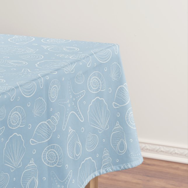 Seashell Summer Coastal Nautical Boho Beach Blue Tablecloth (In Situ)