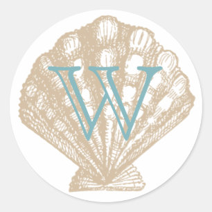 Seashell   Tan Scallop Sea Shell Monogram Classic Round Sticker