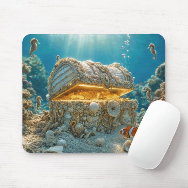 Seashell Treasure Chest Underwater with Coins Mouse Pad (With Mouse)