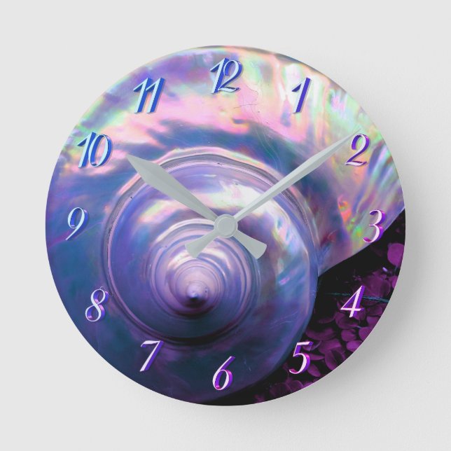 Seashell tropical opal mother of pearl look purple round clock (Front)