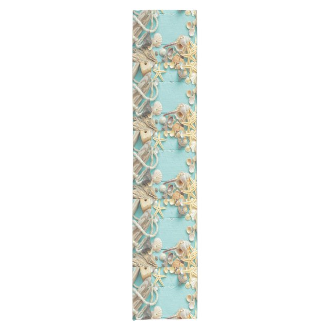 seashell,vintage,collage,turquoise,chic,trendy,fun short table runner (Front)