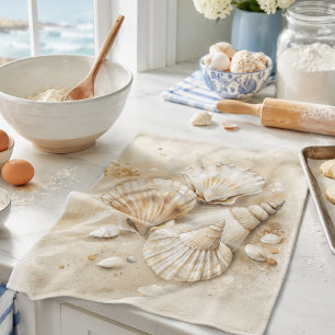 Seashell Watercolor Coastal Tea Towel