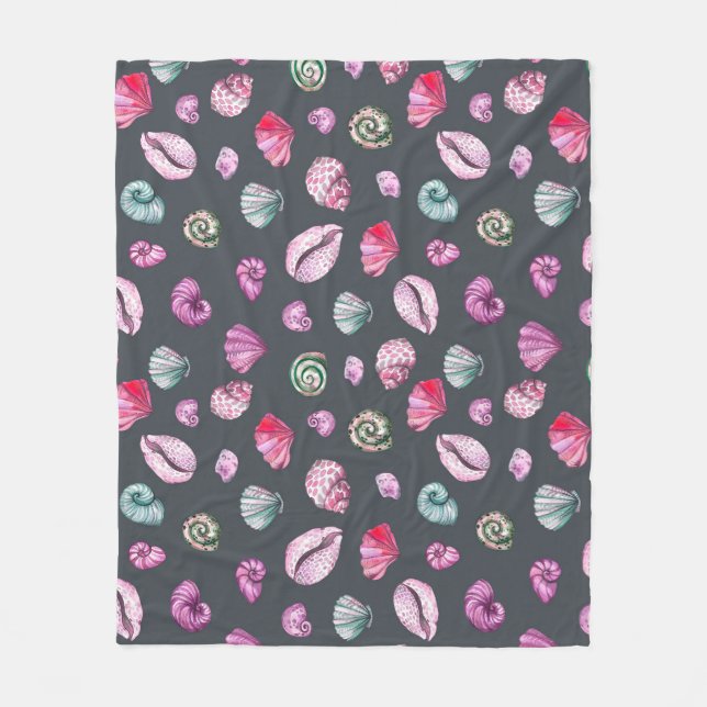 Seashell Watercolor: Dark Blue Pattern Fleece Blanket (Front)