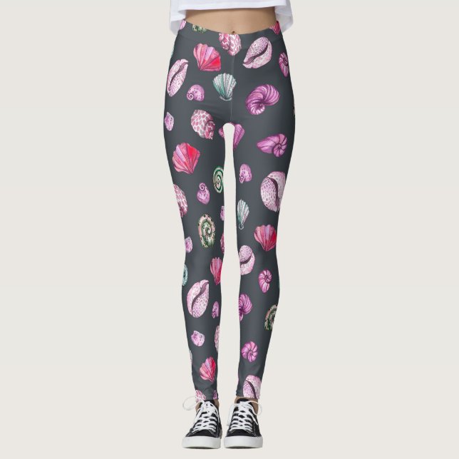 Seashell Watercolor: Dark Blue Pattern Leggings (Front)