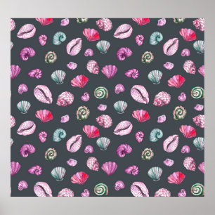 Seashell Watercolor: Dark Blue Pattern Poster