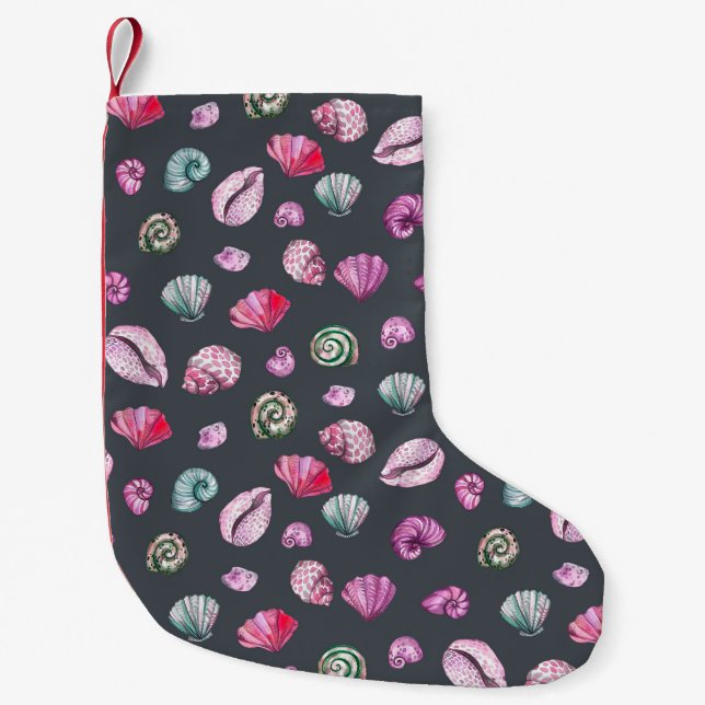 Seashell Watercolor: Dark Blue Pattern Small Christmas Stocking (Front)