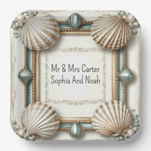 Seashell Wedding Frame Elegant Coastal Details Paper Plate