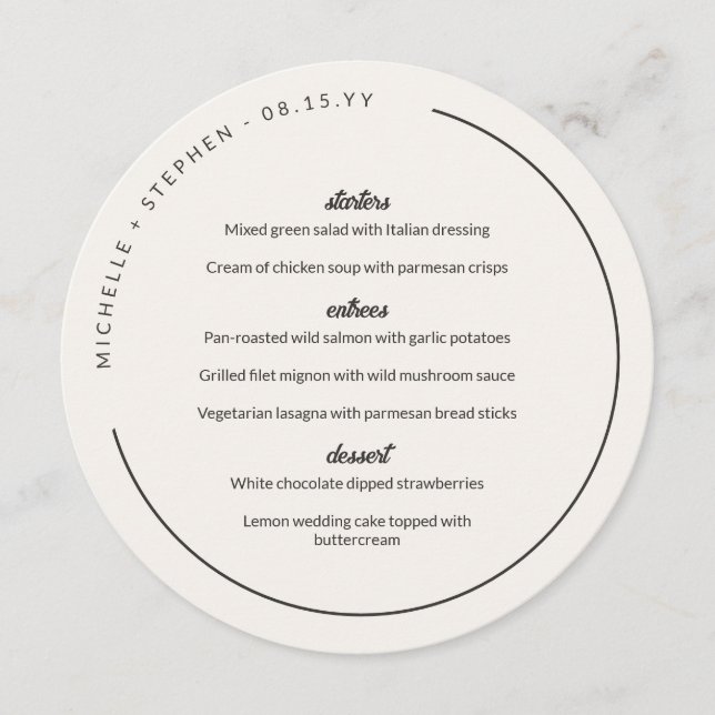 Seashell White Charcoal Curved Names Round Menu (Front)