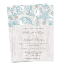 Seashell Whitewashed Wood Beach Wedding Invitation