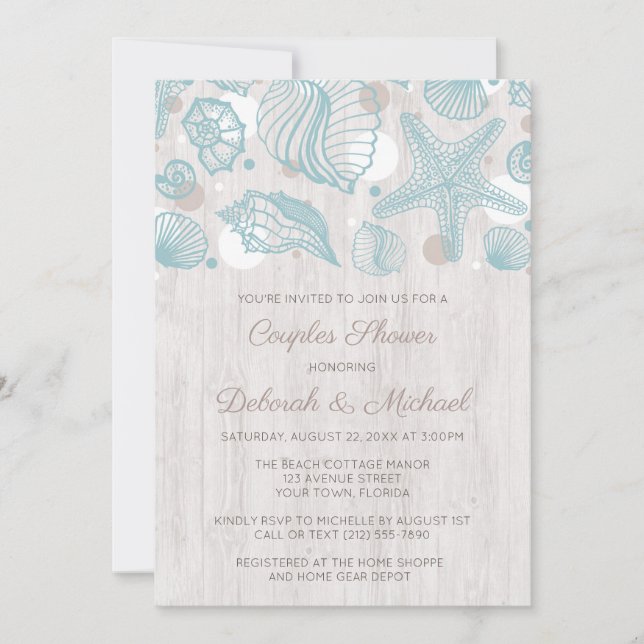 Seashell Whitewashed Wood Couples Shower Invites (Front)