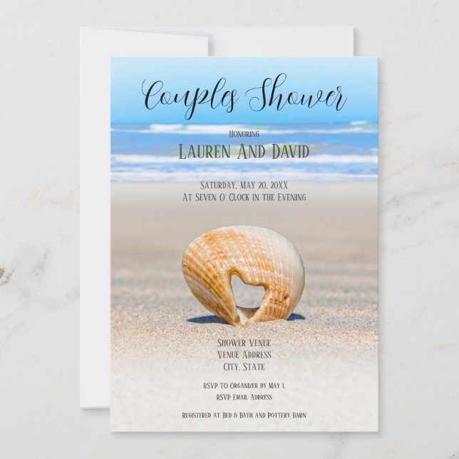 Seashell with Heart & sand at Beach, Couple Shower Invitation (Front)