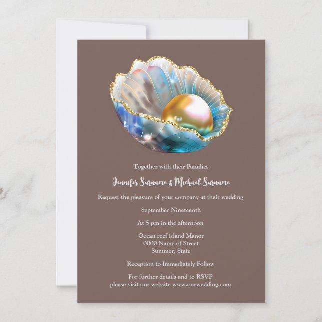 Seashell with pearl iridescent shimmer ocean beach invitation (Front)