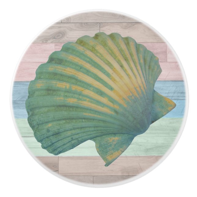 Seashell Wood Nautical Beach Shells Blue Peach Ceramic Knob (Front)