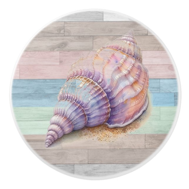 Seashell Wood Nautical Beach Shells Blue Peach Ceramic Knob (Front)