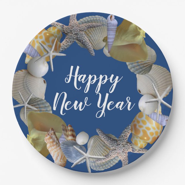 Seashell Wreath Beach Party New Year Paper Plate (Front)