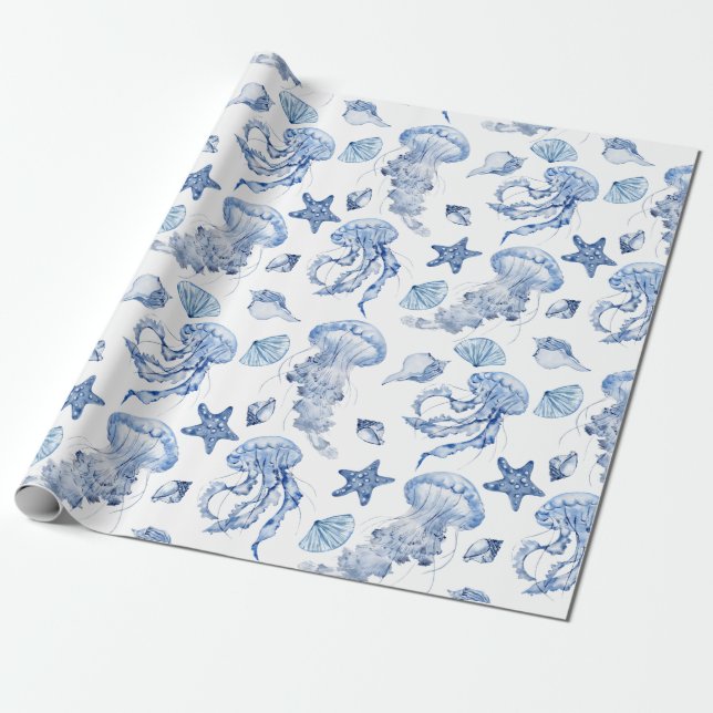 Seashells And Jellyfish Wrapping Paper (Unrolled)