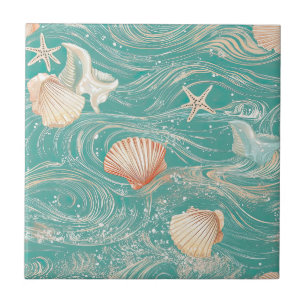 Seashells and Ocean Waves Pattern (10) Ceramic Tile