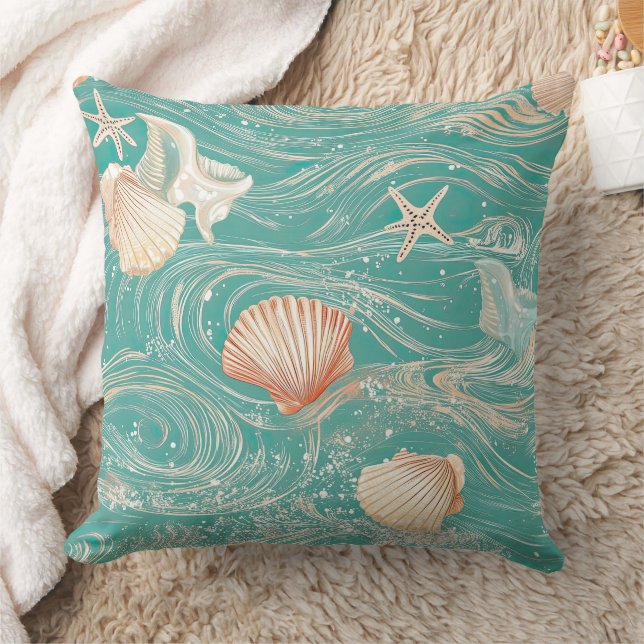 Seashells and Ocean Waves Pattern (10) Cushion (Blanket)