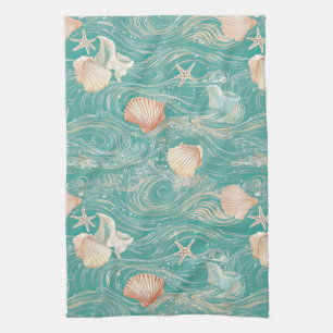 Seashells and Ocean Waves Pattern (10) Tea Towel