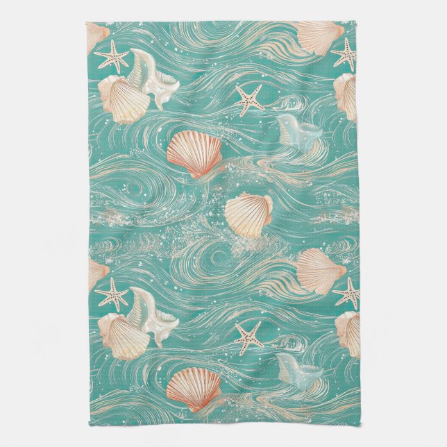 Seashells and Ocean Waves Pattern (10) Tea Towel (Vertical)
