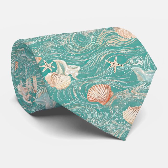 Seashells and Ocean Waves Pattern (10) Tie (Rolled)