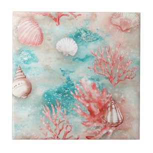 Seashells and Ocean Waves Pattern (11) Ceramic Tile