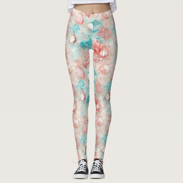 Seashells and Ocean Waves Pattern (11) Leggings (Front)