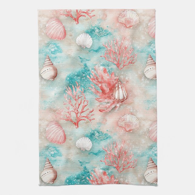 Seashells and Ocean Waves Pattern (11) Tea Towel (Vertical)