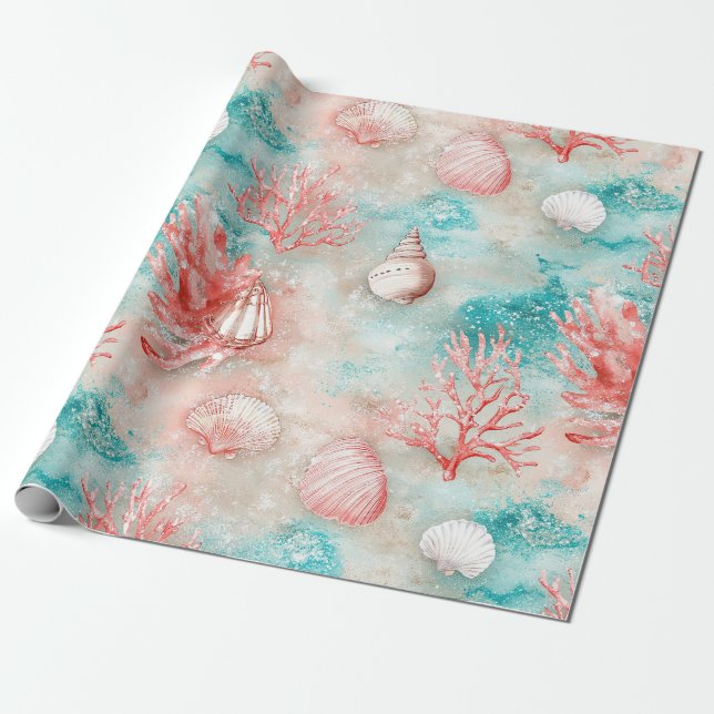 Seashells and Ocean Waves Pattern (11) Wrapping Paper (Unrolled)