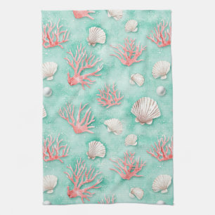 Seashells and Ocean Waves Pattern (12) Tea Towel