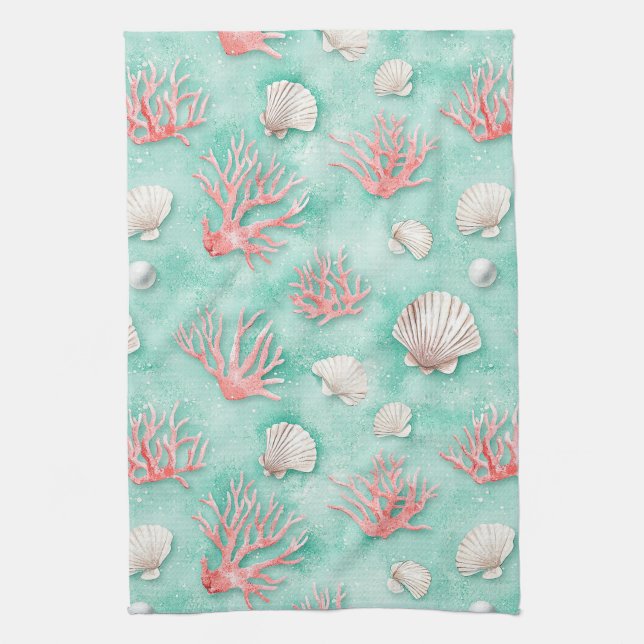 Seashells and Ocean Waves Pattern (12) Tea Towel (Vertical)