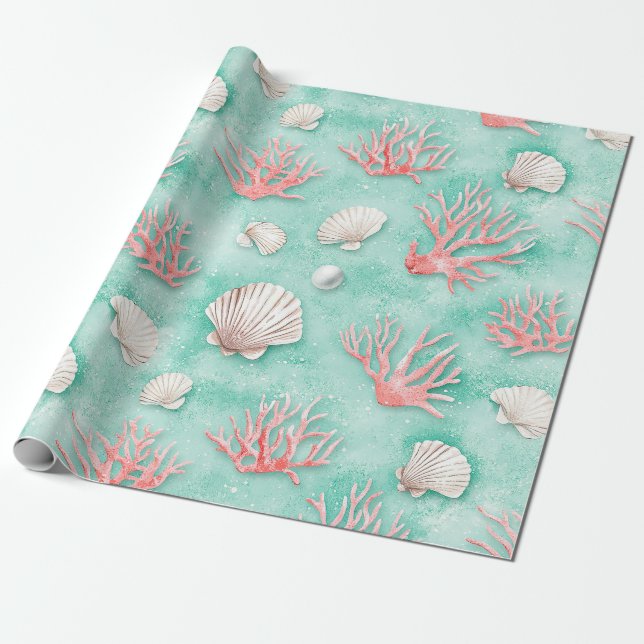 Seashells and Ocean Waves Pattern (12) Wrapping Paper (Unrolled)