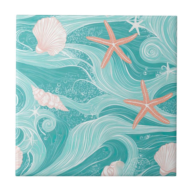 Seashells and Ocean Waves Pattern (13) Ceramic Tile (Front)