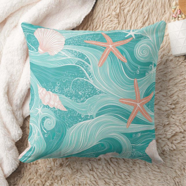Seashells and Ocean Waves Pattern (13) Cushion (Blanket)