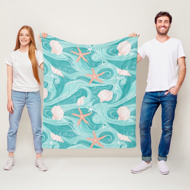 Seashells and Ocean Waves Pattern (13) Fleece Blanket (In Situ)
