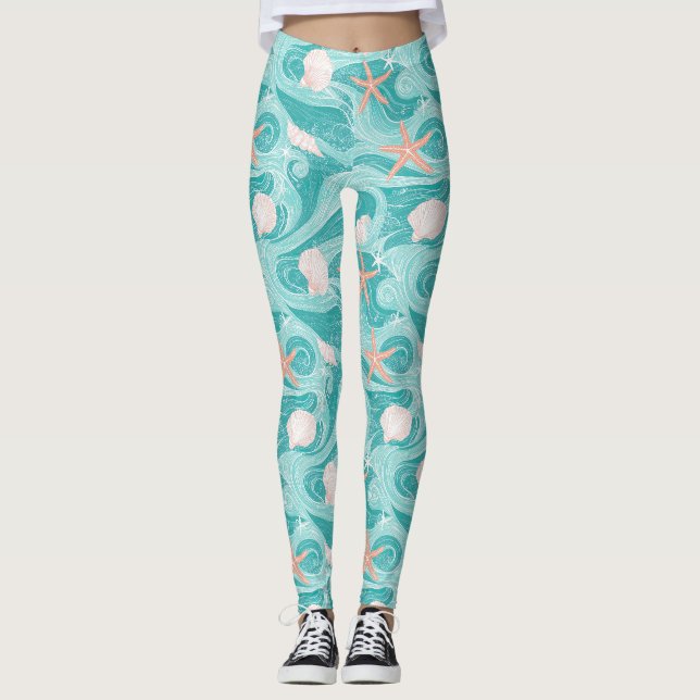 Seashells and Ocean Waves Pattern (13) Leggings (Front)