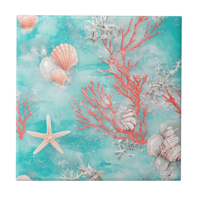 Seashells and Ocean Waves Pattern (14) Ceramic Tile (Front)