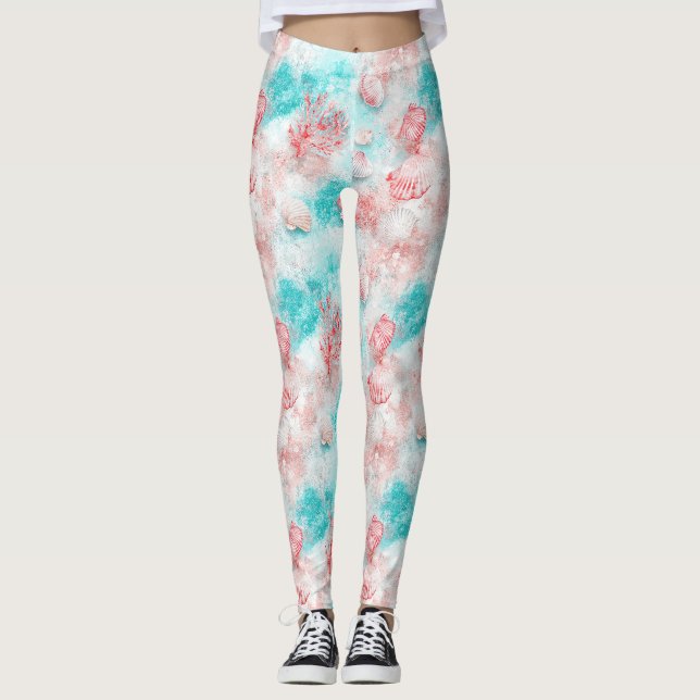 Seashells and Ocean Waves Pattern (14) Leggings (Front)