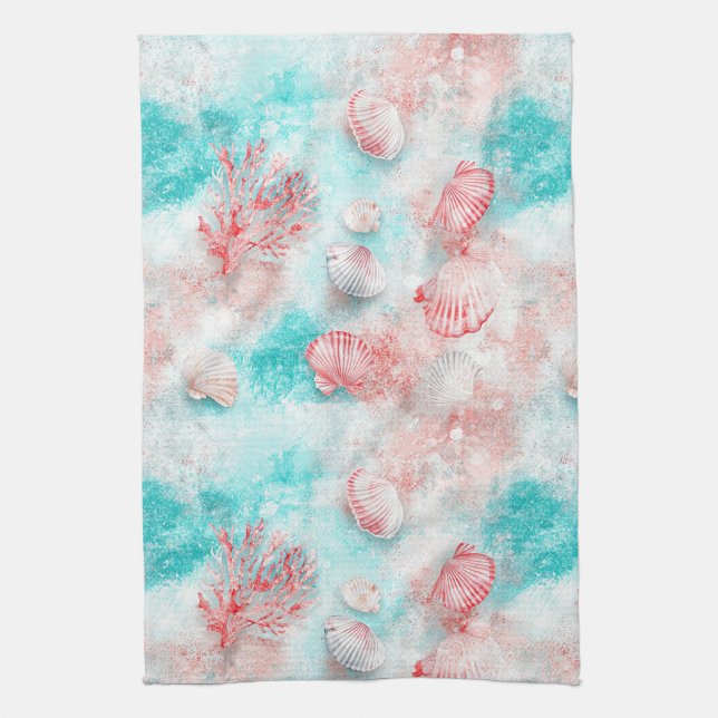 Seashells and Ocean Waves Pattern (14) Tea Towel (Vertical)