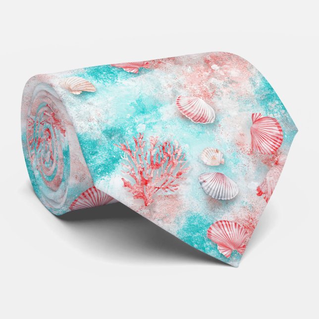 Seashells and Ocean Waves Pattern (14) Tie (Rolled)