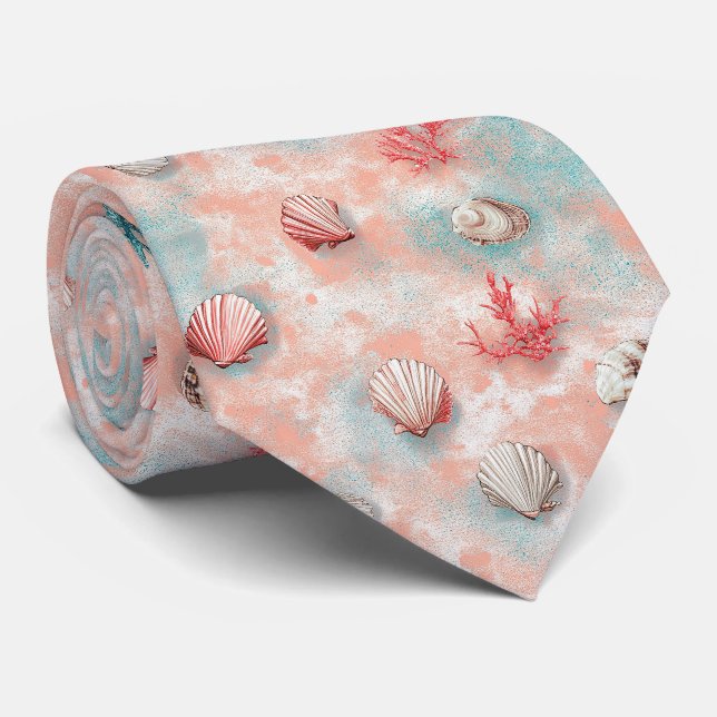 Seashells and Ocean Waves Pattern (16) Tie (Rolled)