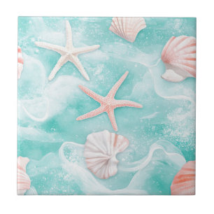 Seashells and Ocean Waves Pattern (1) Ceramic Tile