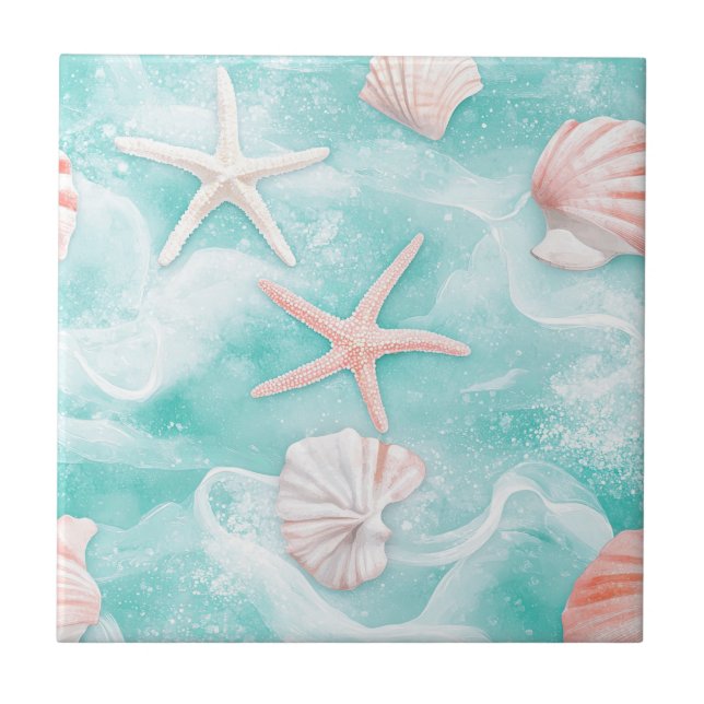 Seashells and Ocean Waves Pattern (1) Ceramic Tile (Front)