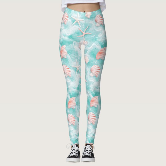 Seashells and Ocean Waves Pattern (1) Leggings (Front)