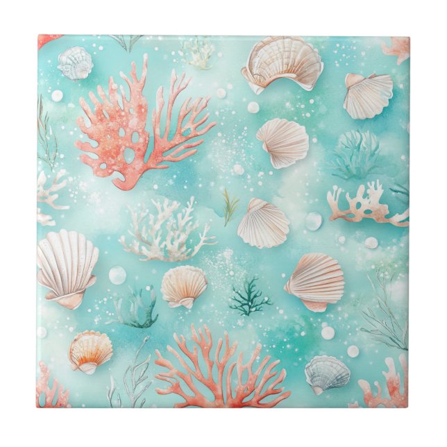 Seashells and Ocean Waves Pattern (2) Ceramic Tile (Front)