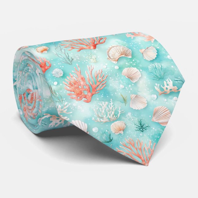 Seashells and Ocean Waves Pattern (2) Tie (Rolled)