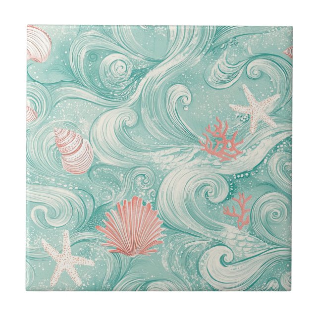 Seashells and Ocean Waves Pattern (3) Ceramic Tile (Front)