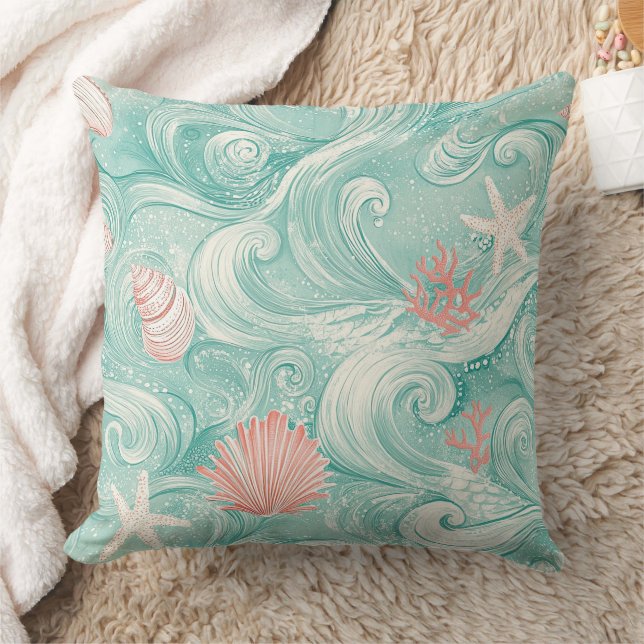 Seashells and Ocean Waves Pattern (3) Cushion (Blanket)