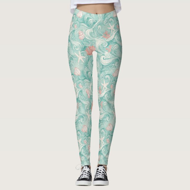Seashells and Ocean Waves Pattern (3) Leggings (Front)