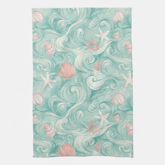 Seashells and Ocean Waves Pattern (3) Tea Towel (Vertical)